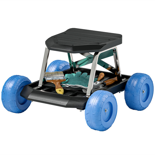 Siège de jardin sur roues tabouret de jardinage plateau à outils chariot jardinage avec siège pour désherber, planter, 50 x 49 x 32 cm bleu