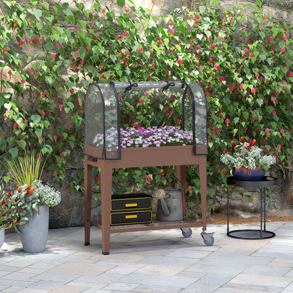 Jardinière surélevée potager avec bâche transparente, mini serre de jardin, 2 roulettes et 1 étagère inférieure pour légumes, fleurs, potager, dim. 80L x 40l x 120H cm, marron