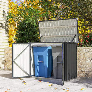 Cache Poubelle Extérieur 1,2 m², 150x80x117cm, Abri de Jardin en Acier Galvanisé pour 2 Poubelles, Double Porte à Serrures, Couvercle Relevable à Charnière, Rangement pour Vélo, Outils