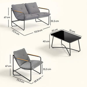 Ensemble Salon de Jardin 4 Pièces, Mobilier de Jardin en Métal avec Canapé 2 Places, 2 Fauteuils, Table Basse en Verre, Coussins Épais, Salon d'Extérieur pour Patio Balcon, Gris Clair