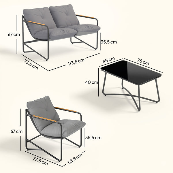 Ensemble Salon de Jardin 4 Pièces, Mobilier de Jardin en Métal avec Canapé 2 Places, 2 Fauteuils, Table Basse en Verre, Coussins Épais, Salon d'Extérieur pour Patio Balcon, Gris Clair