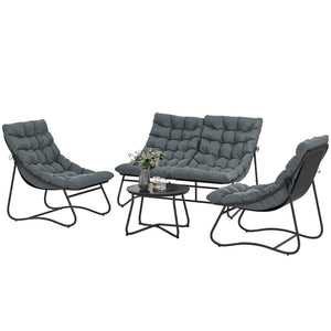 Salon de Jardin 4 Pièces avec Coussins Épais 8cm - Ensemble Mobilier Extérieur en Acier et Textilène Respirant - Table Basse en Verre Trempé pour Terrasse Balcon Moderne, Gris