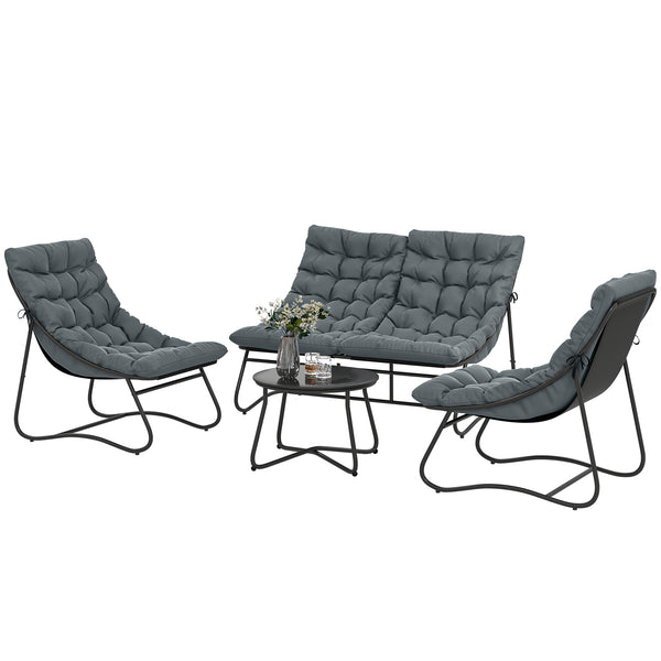 Salon de Jardin 4 Pièces avec Coussins Épais 8cm - Ensemble Mobilier Extérieur en Acier et Textilène Respirant - Table Basse en Verre Trempé pour Terrasse Balcon Moderne, Gris