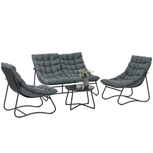 Salon de Jardin 4 Pièces avec Coussins Épais 8cm - Ensemble Mobilier Extérieur en Acier et Textilène Respirant - Table Basse en Verre Trempé pour Terrasse Balcon Moderne, Gris