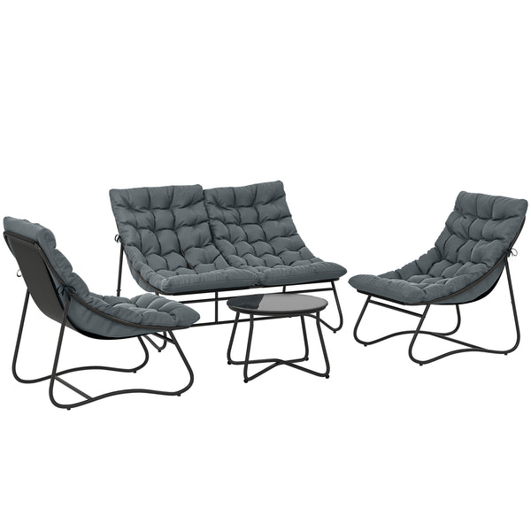 Salon de Jardin 4 Pièces avec Coussins Épais 8cm - Ensemble Mobilier Extérieur en Acier et Textilène Respirant - Table Basse en Verre Trempé pour Terrasse Balcon Moderne, Gris