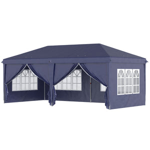 Tonnelle de jardin pliante 6 x 3 m tonnelle de jardin extérieure barnum pliant pop-up imperméabilisé 4 parois latérales amovibles 4 fenêtres + sac de transport bleu