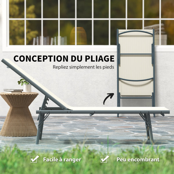 Lot de 2 bain de soleil, chaise longue pliante en textilène, transat jardin extérieur inclinable de plage, relax, camping, piscine, terrasse, 54 x 164 x 84 cm, crème