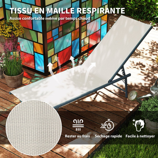 Lot de 2 bain de soleil, chaise longue pliante en textilène, transat jardin extérieur inclinable de plage, relax, camping, piscine, terrasse, 54 x 164 x 84 cm, crème