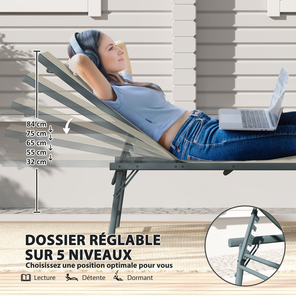 Lot de 2 bain de soleil, chaise longue pliante en textilène, transat jardin extérieur inclinable de plage, relax, camping, piscine, terrasse, 54 x 164 x 84 cm, crème
