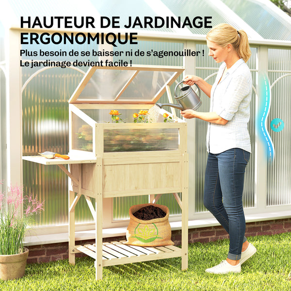 Carré potager sur pieds avec serre, jardinière surélevée en bois avec table latérale pliante et étagère de rangement, pour légumes, fleurs, herbes, 104 x 50 x 120 cm, bois naturel