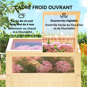 Carré potager sur pieds avec serre, jardinière surélevée en bois avec table latérale pliante et étagère de rangement, pour légumes, fleurs, herbes, 104 x 50 x 120 cm, bois naturel
