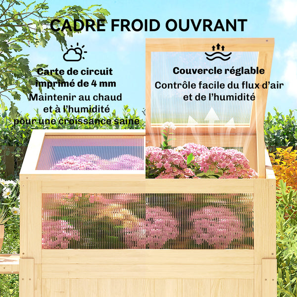 Carré potager sur pieds avec serre, jardinière surélevée en bois avec table latérale pliante et étagère de rangement, pour légumes, fleurs, herbes, 104 x 50 x 120 cm, bois naturel