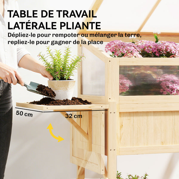 Carré potager sur pieds avec serre, jardinière surélevée en bois avec table latérale pliante et étagère de rangement, pour légumes, fleurs, herbes, 104 x 50 x 120 cm, bois naturel