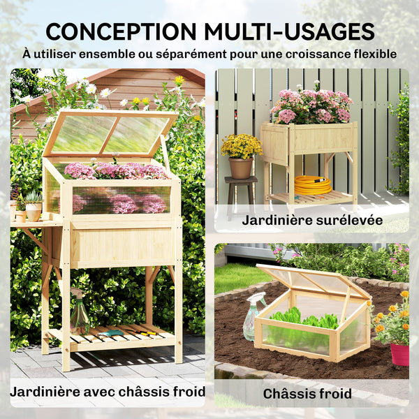 Carré potager sur pieds avec serre, jardinière surélevée en bois avec table latérale pliante et étagère de rangement, pour légumes, fleurs, herbes, 104 x 50 x 120 cm, bois naturel