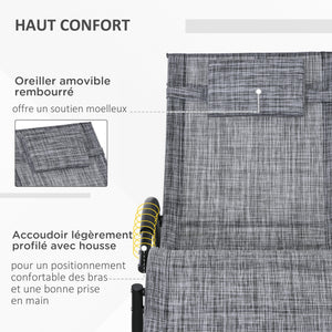 Chaise longue à bascule, transat de jardin ergonomique, bain de soleil, avec tétière, rocking chair, textilène, utilisation extérieure intérieure, gris chiné