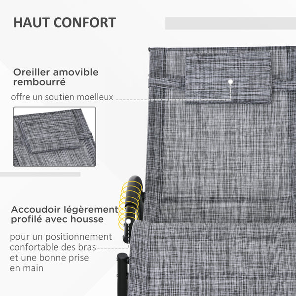 Chaise longue à bascule, transat de jardin ergonomique, bain de soleil, avec tétière, rocking chair, textilène, utilisation extérieure intérieure, gris chiné
