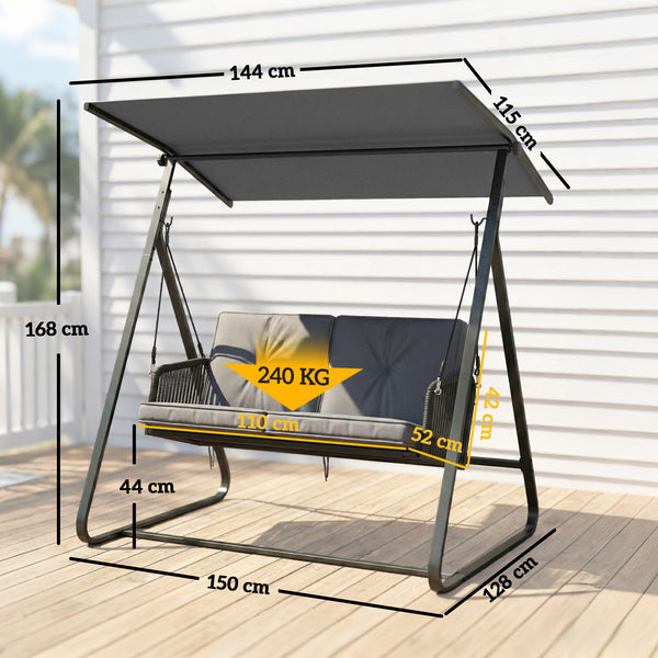 Balancelle de Jardin 2 Places en Résine Tressée, Balançoire Extérieure avec Toit Réglable et Coussin Épais, Cadre en Acier, Charge 240 kg, pour Balcon, Jardin, Terrasse, 150x128x168cm, Gris