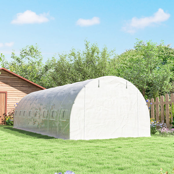 Serre de jardin tunnel 24m² 8L x 3l x 2H m - 16 fenêtres, Porte zippée Enroulable - châssis Tubulaire Acier galvanisé, bâche PE Haute densité Blanc