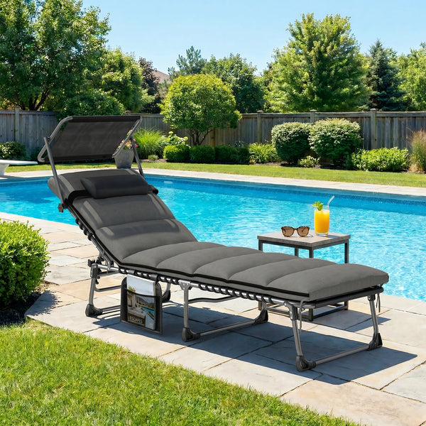 Bain de Soleil 5 Positions Inclinables avec Canopy Coussin Appuie-tête, Lit de Soleil Portable avec Poche Latérale et Poignée de Transport, pour Plage Camping Piscine, 190x57x30cm, Gris Foncé