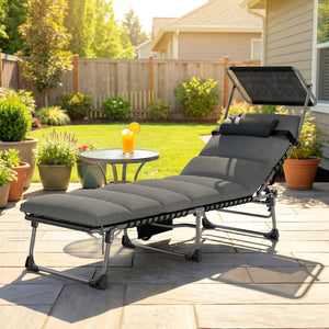 Bain de Soleil 5 Positions Inclinables avec Canopy Coussin Appuie-tête, Lit de Soleil Portable avec Poche Latérale et Poignée de Transport, pour Plage Camping Piscine, 190x57x30cm, Gris Foncé