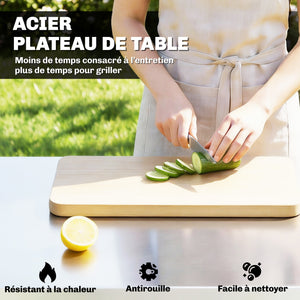 Desserte Jardin à 3 Niveaux avec Plan de Travail Inox, Panier Amovible, Étagères Ouvertes, Boîte à Épices, 2 Roues, 4 Crochets, Poignée Latérale, Chariot Barbecue pour Plancha, Noir