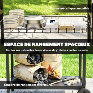 Desserte Jardin à 3 Niveaux avec Plan de Travail Inox, Panier Amovible, Étagères Ouvertes, Boîte à Épices, 2 Roues, 4 Crochets, Poignée Latérale, Chariot Barbecue pour Plancha, Noir