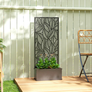 Jardinière avec treillis, bac à fleurs, lit surélevé avec brise-vue, à motif de feuilles, pour plantes grimpantes, légumes, fleurs, métal, intérieur et extérieur, 45x21,5x110cm, noir