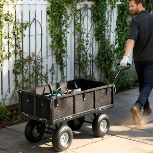 Chariot de jardin 300 Kg, chariot de transport chariot à roulettes avec bâche amovible et poignée rotative à 180°, chariot remorque avec parois rabattables et pneus gonflables 25 cm, noir