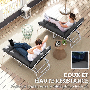 Lot de 2 coussins de chaise longue coussin bain de soleil - épais, confortable et rembourré - matelas transat avec 6 attaches, 190 x 56 x 10 cm, gris foncé