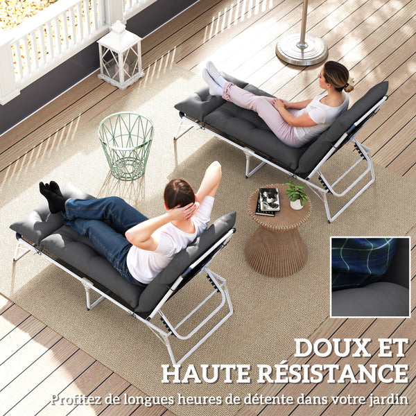 Lot de 2 coussins de chaise longue coussin bain de soleil - épais, confortable et rembourré - matelas transat avec 6 attaches, 190 x 56 x 10 cm, gris foncé