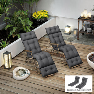 Lot de 2 coussins de chaise longue coussin bain de soleil - épais, confortable et rembourré - matelas transat avec 6 attaches, 190 x 56 x 10 cm, gris foncé