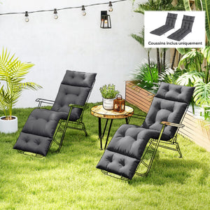 Lot de 2 coussins de chaise longue coussin bain de soleil - épais, confortable et rembourré - matelas transat avec 6 attaches, 190 x 56 x 10 cm, gris foncé