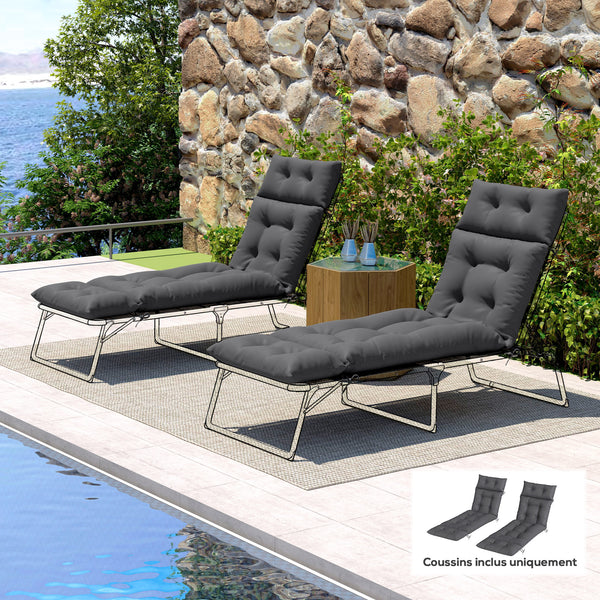 Lot de 2 coussins de chaise longue coussin bain de soleil - épais, confortable et rembourré - matelas transat avec 6 attaches, 190 x 56 x 10 cm, gris foncé