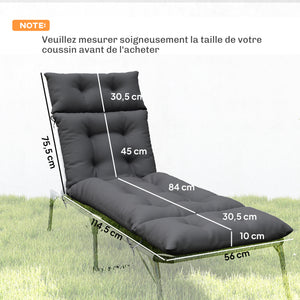Lot de 2 coussins de chaise longue coussin bain de soleil - épais, confortable et rembourré - matelas transat avec 6 attaches, 190 x 56 x 10 cm, gris foncé