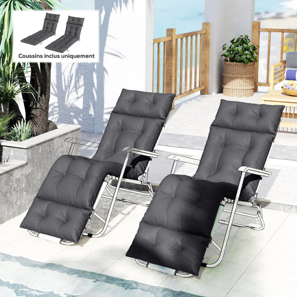 Lot de 2 coussins de chaise longue coussin bain de soleil - épais, confortable et rembourré - matelas transat avec 6 attaches, 190 x 56 x 10 cm, gris foncé