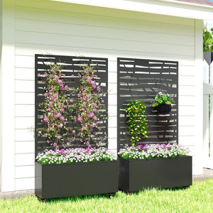 Jardinière avec treillis, bac à fleurs en métal, lit surélevé avec brise-vue et roues, treillis découpé en lattes pour plantes grimpantes, légumes, fleurs, 90 x 30 x 160 cm, noir