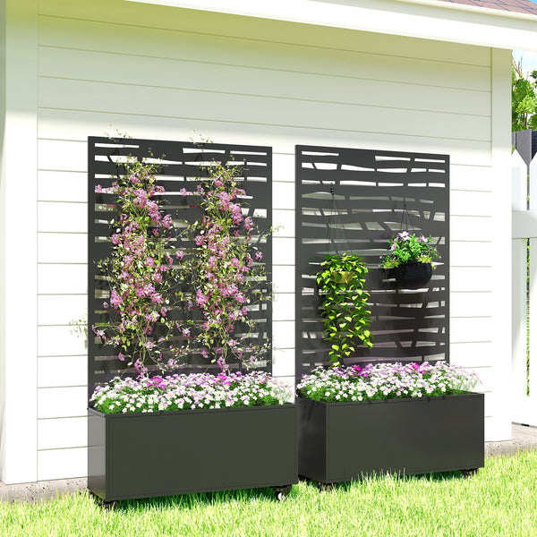 Jardinière avec treillis, bac à fleurs en métal, lit surélevé avec brise-vue et roues, treillis découpé en lattes pour plantes grimpantes, légumes, fleurs, 90 x 30 x 160 cm, noir