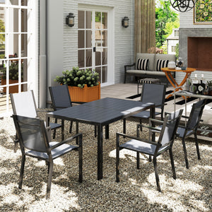 Salon de jardin extérieur 7 pièces, table extérieure avec 6 chaises empilables, plateau à lattes 150 cm, structure en acier anti-rouille, mobilier de jardin, terrasse, patio, gris
