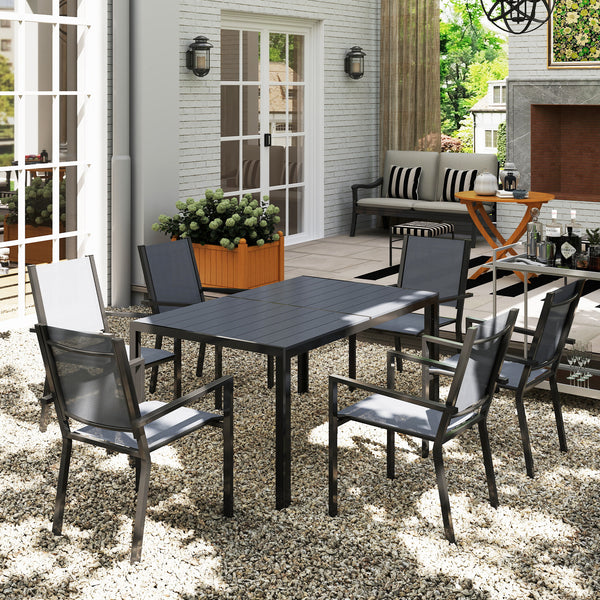 Salon de jardin extérieur 7 pièces, table extérieure avec 6 chaises empilables, plateau à lattes 150 cm, structure en acier anti-rouille, mobilier de jardin, terrasse, patio, gris