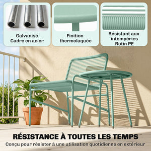 Salon de Jardin Extérieur 3 Pièces en Résine Tressée, Table de Jardin Ronde avec 2 Chaises, Pieds Ajustables, Cadre en Acier Galvanisé, Mobilier de Jardin pour Balcon Terrasse Patio, Vert