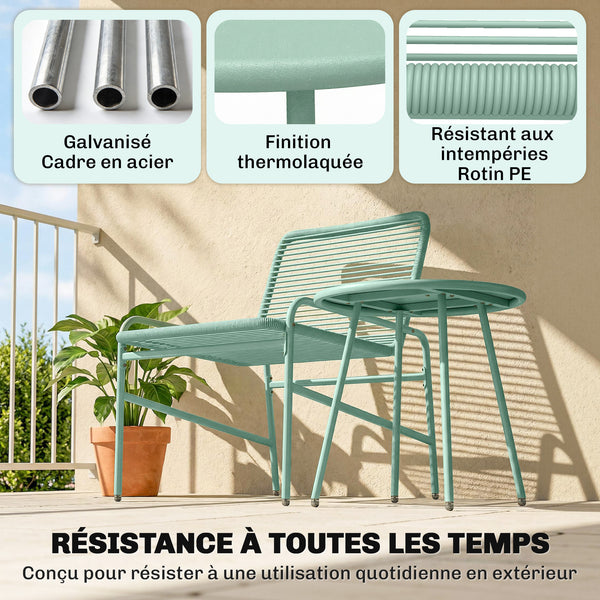 Salon de Jardin Extérieur 3 Pièces en Résine Tressée, Table de Jardin Ronde avec 2 Chaises, Pieds Ajustables, Cadre en Acier Galvanisé, Mobilier de Jardin pour Balcon Terrasse Patio, Vert