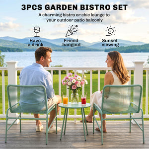 Salon de Jardin Extérieur 3 Pièces en Résine Tressée, Table de Jardin Ronde avec 2 Chaises, Pieds Ajustables, Cadre en Acier Galvanisé, Mobilier de Jardin pour Balcon Terrasse Patio, Vert