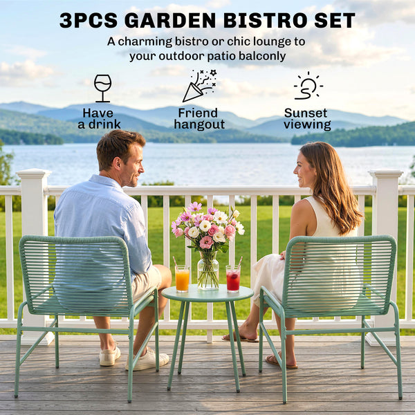Salon de Jardin Extérieur 3 Pièces en Résine Tressée, Table de Jardin Ronde avec 2 Chaises, Pieds Ajustables, Cadre en Acier Galvanisé, Mobilier de Jardin pour Balcon Terrasse Patio, Vert
