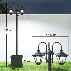 Lanterne solaire lampadaire avec jardinière réglable en hauteur 185 cm extérieure lanterne de jardin à 3 têtes contrôle de l'éclairage interrupteur IP44 lanternes solaires lampes solaires lanterne solaire pour jardin balcon