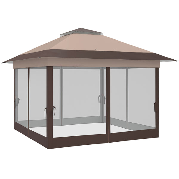Tonnelle de jardin extérieur tonnelle pliante 3,6x3,6m avec double toit acier polyester moustiquaires + sac de transport à roulettes kaki marron