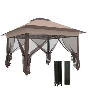 Tonnelle de jardin extérieur tonnelle pliante 3,6x3,6m avec double toit acier polyester moustiquaires + sac de transport à roulettes kaki marron
