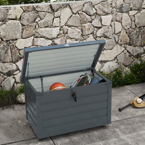 Coffre de rangement extérieur 295L coffre de jardin avec roulettes, vérin à gaz et poignée, en acier galvanisé, 100 x 62 x 65 cm, gris
