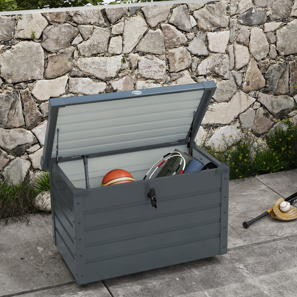 Coffre de rangement extérieur 295L coffre de jardin avec roulettes, vérin à gaz et poignée, en acier galvanisé, 100 x 62 x 65 cm, gris