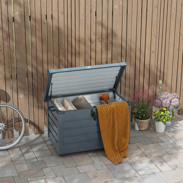 Coffre de rangement extérieur 295L coffre de jardin avec roulettes, vérin à gaz et poignée, en acier galvanisé, 100 x 62 x 65 cm, gris