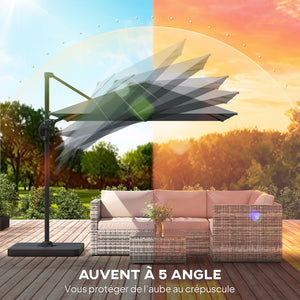 Parasol déporté carré 2,4x2,4m avec pied et dalles lestage - parasol de jardin extérieur, mât aluminium et rotatif 360° par pédale - UV50+ et inclinaison 5 positions pour terrasse, gris